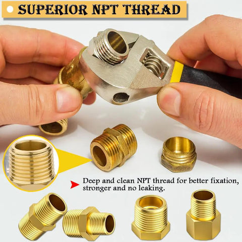 A Must Have Brass Fittings Kit 24 Piece NPT Adapters And Nipples Set with wrench on brass fixture, close-up