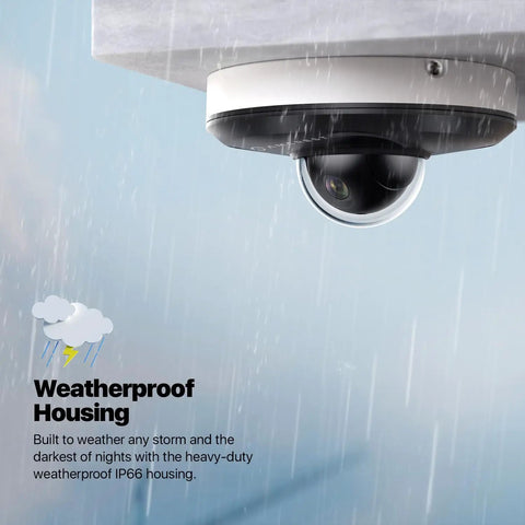ProHD 4MP PTZ Outdoor Security Camera With 4X Optical Zoom IP66 Vandal Proof Dome PoE Night Vision To 65ft shown in rain