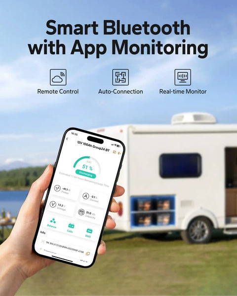 Hand holding phone showing app for 12V 100Ah Bluetooth LiFePO4 Battery For Camper, RV, Van, Trailer And Boat Deep Cycle
