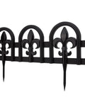 Black Garden Border Edging Kit With PP Plastic Metal Free Wrought Iron Look, detailing three panels with fleur-de-lis design.