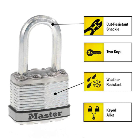 Weatherproof Outdoor Padlocks With Long Shackle Four Pack For Gates Fences And Sheds Keyed Alike shown with features