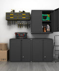 Locking Metal Wall Cabinet for Garage With Doors and Adjustable Shelf, secure storage for tools in black steel cabinets