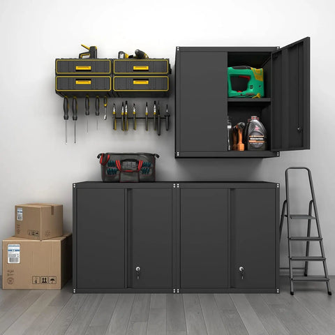 Locking Metal Wall Cabinet for Garage With Doors and Adjustable Shelf, secure storage for tools in black steel cabinets