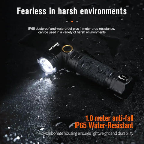 Beast Mode 1800 Lumens Tactical Flashlight With Type C Rechargeable, showing waterproof feature with light on in dark environment