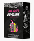 Bike Wash And Drivetrain Essentials Kit For A Sparkling Clean Ride Includes Cleaner Lube Claw Brush Sponge And More To Protect And Keep Your Bike Shifting Smooth. boxed kit with Muc-Off bike wash and drivetrain cleaners