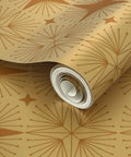 Premium Modern Brown Geometric Gold Metallic Wallpaper With A Hella Chic Fibrous Texture And Fire Resistant Eco Finish For Top Tier Indoor Home Decor Refresh, rolled up with detailed geometric design.