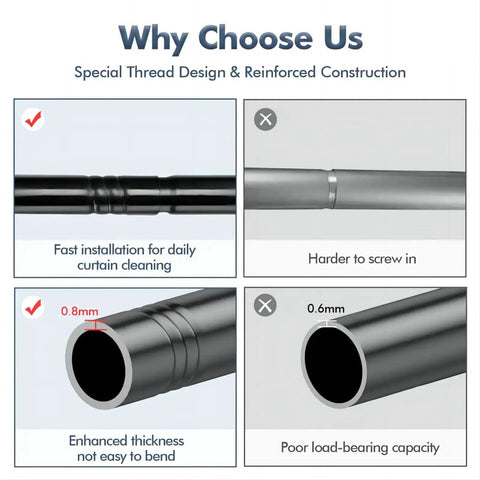 Comparison of matte black curtain rod with enhanced thickness vs standard rod Matte Black Curtain Rod 35 To 47 Inch Adjustable Telescoping