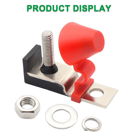 Marine Rated Battery Fuse Block For 30 To 300 Amp Fuses, MRBF Terminal Fuse Holder Kit With Red Cap, Washer, Lock Washer, And M8 Nut For Reliable Marine Power Distribution And Electrical Safety. M8 stud kit with cap, washer, lock washer, and nut