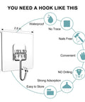 Diagram showing Heavy Duty 10 Pack Self Adhesive Hooks Set features including waterproof, no drilling, and easy storage for bathroom and kitchen use.