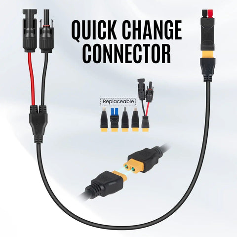 6 In 1 Solar Panel Connector Kit With DC5521 7909 8020 Anderson EC5 XT60 Adapters shown with quick change cable detail.