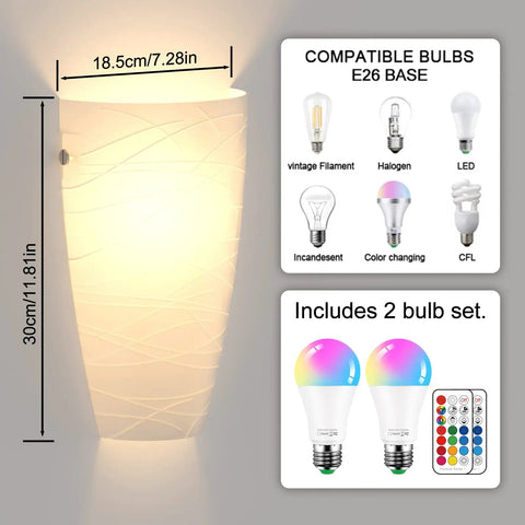 Dope Wall Sconces Set Of Two Modern Wall Mount Light Fixtures With Acrylic Shades Up Or Down Hallway Lighting For Bedroom Living Room Stairwell Includes Two RGB Warm White E26 Bulbs With Remote Control features and dimensions.