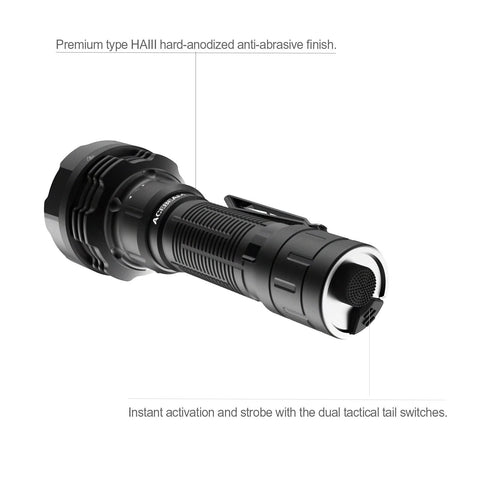 Defender P18 Tactical Flashlight With Dual Tail Switch 5000 Lumen LED Rechargeable, rugged design and anti-abrasive finish