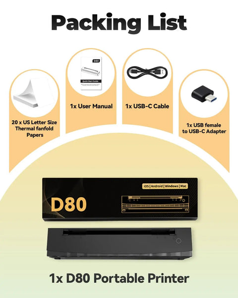Packing list for Portable Thermal Printer D80 Wireless For Travel And On The Go Inkless Printer That Really Works With iOS Android And Laptop Prints Black And White On 8.5 By 11 US Letter A4 And A5 Paper For Home Office And Vehicles featuring D80 printer, thermal paper, user manual, USB-C cable, and USB adapter.