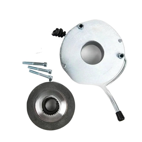 Front view of electromagnetic holding brake with circular silver housing, lever, and mounting screws.