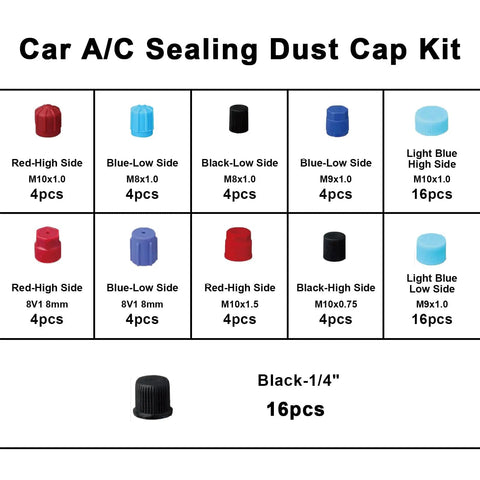 Car A/C Sealing Dust Cap Kit with various sizes in red, blue, and black for All In One Car AC Compressor Gasket Seal Kit With O Rings Dust Caps Valve Cores And Remover Tool For R12 R134a Refrigerant Maintenance Includes 60 Gasket Seals 270 O Rings In 18 Sizes 80 Dust Caps And 39 Valve Cores