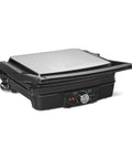 Amazon Basics Panini Press And Electric Indoor Grill With Adjustable Temp Settings Non Stick Ceramic Plates Black angled view with dial controls.