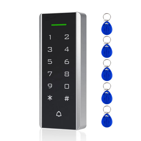 Proximity ID Card Access System with keypad, 125KHz reader, 5 blue keychains, ultra narrow ABS enclosure, for home or office entry