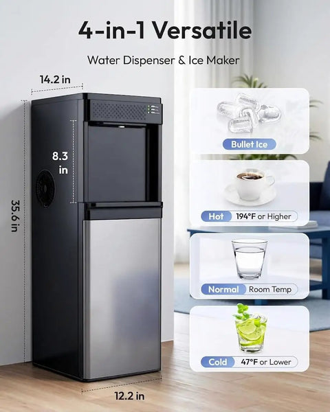 Top Shelf 4-In-1 Countertop Water Dispenser Plus Fast Ice Maker With Bottom Loading Cooler, black unit with drink options.