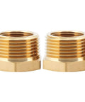 Front view of two brass 1in NPT male to 3/4in NPT female reducer hex bushings.
