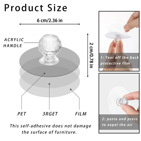 4 Pack Clear Acrylic Diamond Cabinet Knob Pulls No Drill Self Adhesive Stick On Handles For Kitchen Cupboards Wardrobe Dresser Furniture Doors Crystal Clear Crystal Look, 2.36 in size