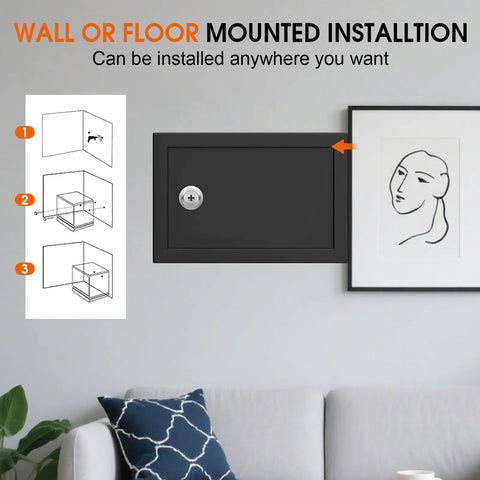 Illustration of wall-mounted 1.3 Cu Ft Fireproof Safe Box With Key Lock For Home And Office above sofa next to artwork.