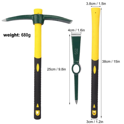 Dual Head 15 Inch Garden Pickaxe And Mattock Weeding Hoe, Forged Steel With Ergonomic Rubber Handle, dimensions illustrated