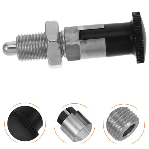 Heavy Duty Stainless Steel Self Locking Spring Plunger Pin With Kickass Safety Latch And Slick Indexing Action For Demanding Industrial Jobs Gearbox And Rigging close-up showing the threaded body and push button.