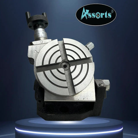 Tilting Rotary Table 3 Inch For Milling Machines With Dual Axis 0 To 90 Degrees And 4 Slot Base displayed on a stand