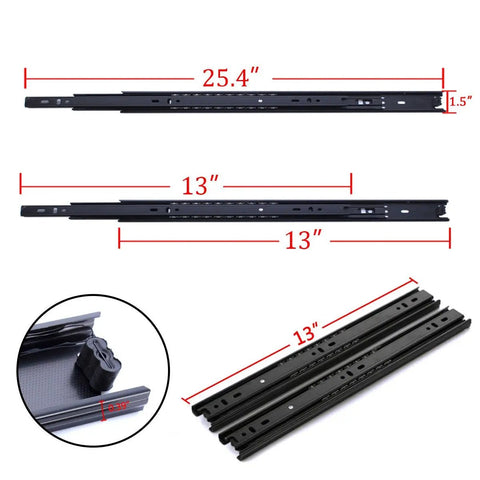 Heavy Duty Pair Of Black Metal Three Section Full Extension Drawer Slides Featuring Quiet Ball Bearing Tracks And Smooth Side Mount Glides Built Tough To Slide Like Butter For Drawers Up To Twenty Five Inches, showing 25.4" and 13" lengths.