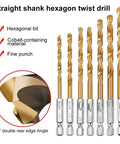 Straight shank hexagon twist drill set with titanium-coated bits and 135-degree angle, suitable for wood, metal, and more.