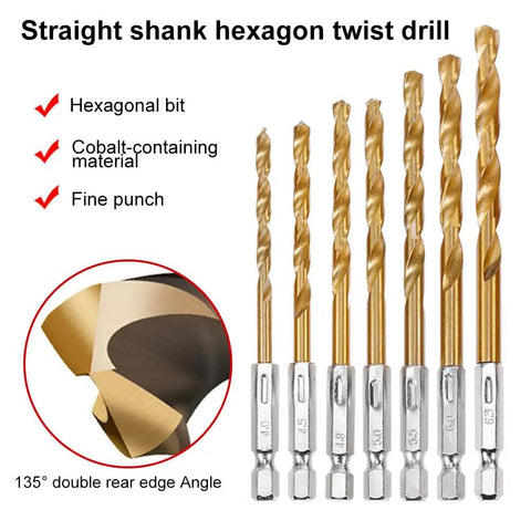 Straight shank hexagon twist drill set with titanium-coated bits and 135-degree angle, suitable for wood, metal, and more.