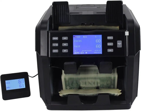 Fast Track Auto Bill Money Counter With Serial Number Reader and Multi Currency Denomination Sorter featuring LCD display counting cash.