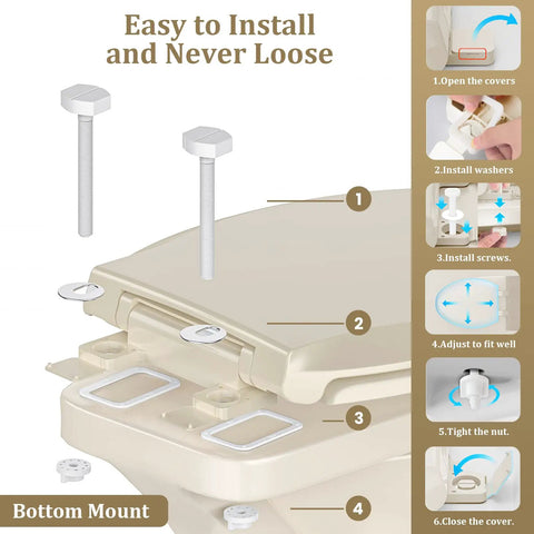 Easy installation steps for elongated toilet seat with built-in potty training seat for kids and adults, bottom mount.