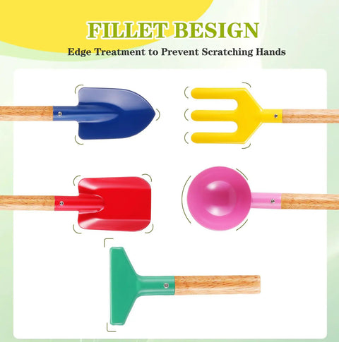 15 Piece Kids Beach Sand Toys And Garden Tool Set showing blue shovel, yellow fork, and red trowel with wooden handles.