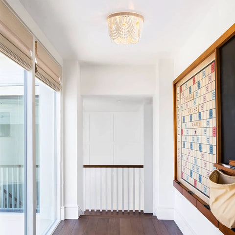 Boho Bohemia Wood Beaded Flush Mount Ceiling Light Three Light Fixture With White Finish in modern hallway