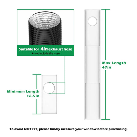 Easy Install 4 Inch Dryer Vent Window Kit with adjustable seal and insulated foam strip for sliding or hung windows dimensions shown.