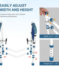 Adjustable Toilet Safety Frame And Rail With Handles And Storage Pocket, height and width adjustment details, blue accents
