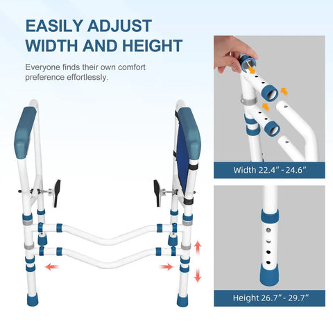 Adjustable Toilet Safety Frame And Rail With Handles And Storage Pocket, height and width adjustment details, blue accents