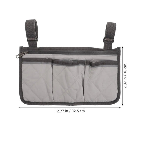 Grey bed rail hanging organizer with four pockets for bedside essentials grab and go caregiver friendly storage pouch