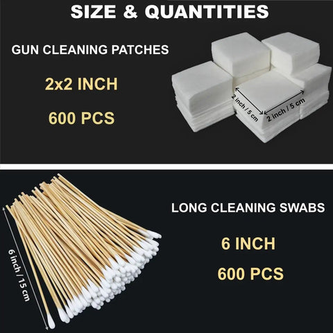 Pro Grade Gun Cleaning Kit With 600 Patches And 600 Swabs Lint Free And Highly Absorbent Cotton 6 Inch Swabs And 2x2 Patches