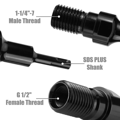 Core Drill Bit Adapter 1-1/4 in 7 UNC Male to SDS Plus Shank Conversion for Diamond Core Bits, showing thread and shank details.
