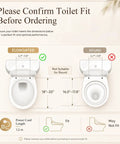 Image showing measurements for Elongated Electric Bidet Toilet Seat With Instant Tankless Warm Water Spray Auto Air Dryer and fit guidelines.