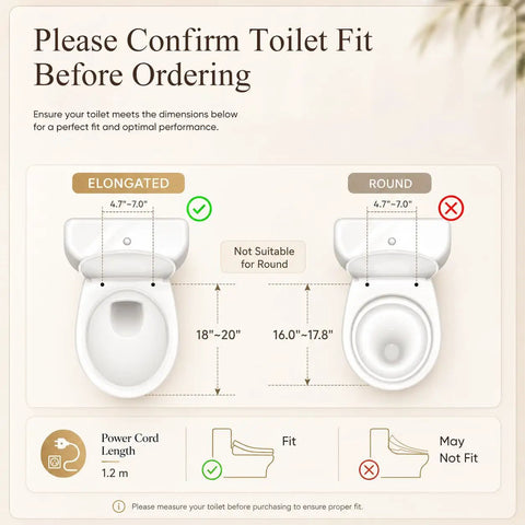 Image showing measurements for Elongated Electric Bidet Toilet Seat With Instant Tankless Warm Water Spray Auto Air Dryer and fit guidelines.