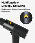 Cordless Brushless Drill Kit 12V With LED Digital Display showing multifunction button for drilling and screwing with close-up view