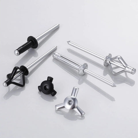 150 Pc Tri Fold Trim Rivets 3/16 X 1 Inch Black Aluminum Blind Rivets for Boat Kayak setup shown in various angles.