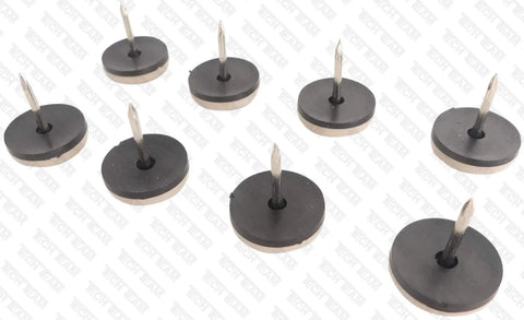 Nail On Pe Chair Glides Seven Eighth Inch Floor Savers For Smooth Table Movement Heavy Duty Furniture Protectors With Nails Included Set Of 8, showing black pads with metal nails.