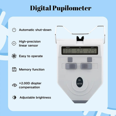 Optical Digital Pupilometer With Memory Function LCD Display IPD Meter For Eyeglasses Fitting Pro Grade Precision Diopter Compensation Pupil Distance Measurement Device Dope Refraction Tool, front view