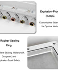 Waterproof outdoor explosion-proof electrical box with IP66 rating, internal mounting panel, and rubber sealing ring.