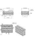 LABLT parallel block set, 1 x 2 x 3 in with 23 holes; front, side, and isometric technical drawings.
