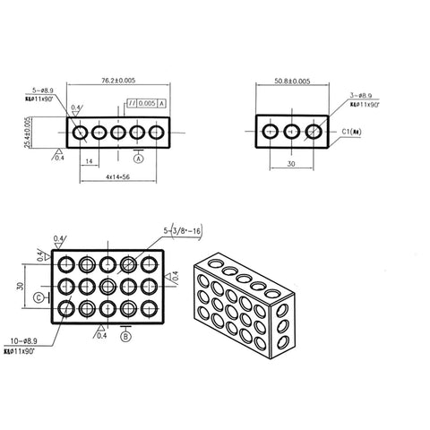 LABLT parallel block set, 1 x 2 x 3 in with 23 holes; front, side, and isometric technical drawings.